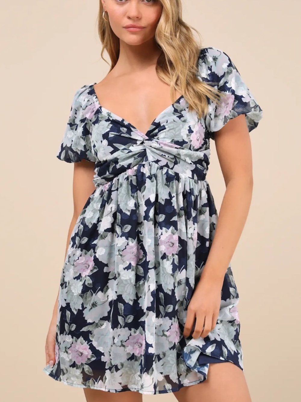 Lulus Fresh Florals Women's Sz M Navy Floral Print Puff Sleeve Mini Dress